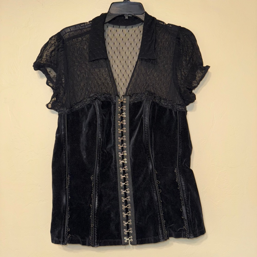 Tripp NYC Velvet Lace Corset Top, Vintage Button Up Gothcore Blouse Plus 2X - Picture 1 of 7